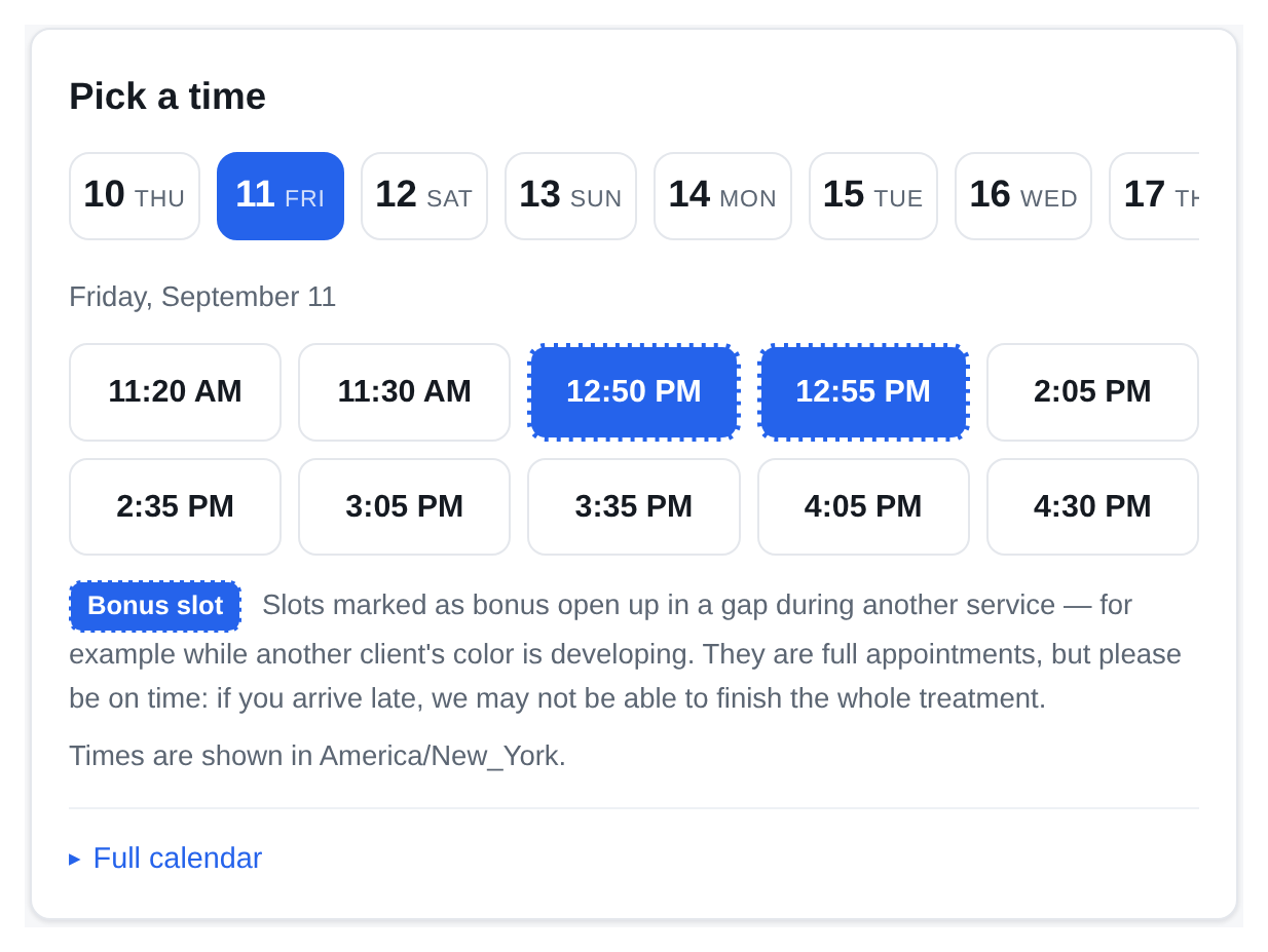 Available times on the booking page. Two are marked as bonus slots — they opened up in a gap during a colouring appointment.